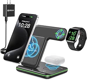 WAITIEE Wireless Charger 3 in 1, 15W Fast Charging Station for Apple Watch 9/8/Ultra 2/Ultra/SE/7/6/5/4/3/2, for AirPods 3/2/Pro/Pro 2, for iPhone 15/14/13 /Plus/Pro/Pro Max/12/11/X/Xr/XS/8 (Black)