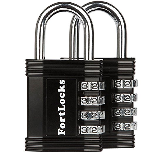2 Pack FortLocks Combination Lock - 4 Digit Padlock for School & Gym Locker, Outdoor, Fence, Hasp, Storage, Case, Toolbox & Shed – Resettable All Weather Anti Rust Metal & Steel - Black
