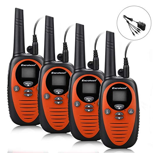 Excelvan 22 Channel FRS GMRS Dual Band 2 Way Radio Long Range Up to 3000M/1.9MI Range (MAX 3.1MI in Open Field) UHF Handheld Walkie Talkie with 1-to-4 Branch Power Adapter (4 Pack, Orange)