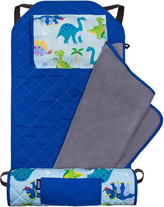 Wildkin All-In-One Modern Nap Mat with Pillow for Toddler Boys and Girls, Ideal for Daycare and Preschool, Features Elastic Corner Straps Cotton Blend Materials, Olive Kids (Dinosaur Land)