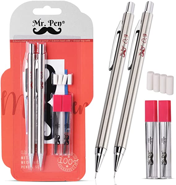 Mr. Pen- Mechanical Pencils 0.3, Pack of 2, Metal Mechanical Pencil with Lead and Eraser, Drafting Pencil, Drawing Pencil, Mechanical Pencil, 0.3 Mechanical Pencils, Artist Mechanical Pencils, 0.3mm