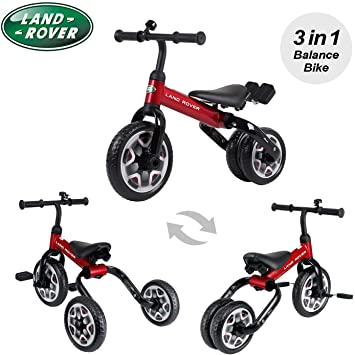 Folding 3 in 1 Kids Tricycles, LAND ROVER Licensed Genuine Original 3 Wheels Toddler Trikes Convert 2 Wheels Balance Bike Bicycle Bike with Removable Pedal for Boys and Girls 18 Months -5 Years Old