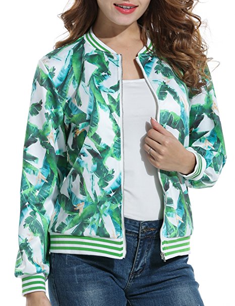 ACEVOG Womens Classic Zipper Floral Printed Jacket Short Bomber Jacket Coat