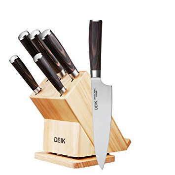 Deik Knife Set, Knife Block Set, Wooden Handle Chef Knife Set, Stainless Steel Kitchen Knife Set with Rotatable Wooden Block, 6 Piece