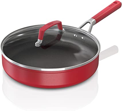 Ninja C20130 Foodi NeverStick Vivid 3-Quart Sauté Pan with Glass Lid, Nonstick, Durable & Oven Safe To 400°F, Cool-Touch Handles, Crimson Red