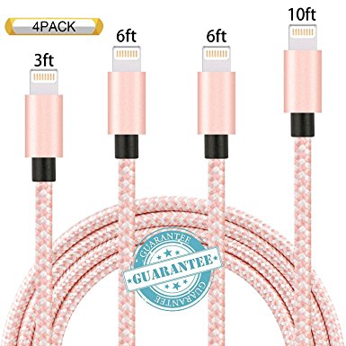 DANTENG iPhone Cable 4 Pack 3ft 6ft 6ft 10ft Nylon Braided Certified Lightning to USB iPhone Charger Cord for iPhone 7 Plus 6S 6 SE 5S 5C 5, iPad 2 3 4 Mini Air Pro, iPod Nano 7 - RoseGold