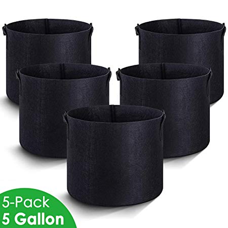 MAXSISUN 5-Pack 5 Gallon Plant Grow Bags, Heavy Duty Thickened Non-Woven Aeration Fabric Pots Container with Reinforced Handles for Gardening