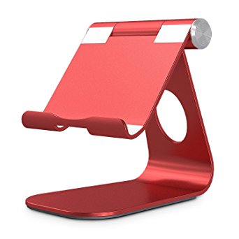 OMOTON Tablet Stand, Adjustable Multi-Angle Aluminum iPad Stand, with Stable Sticky Base and Convenient Charging Port, Fits All Smart Phones, E-readers and Tablets (Up to 12.9 inch), Red