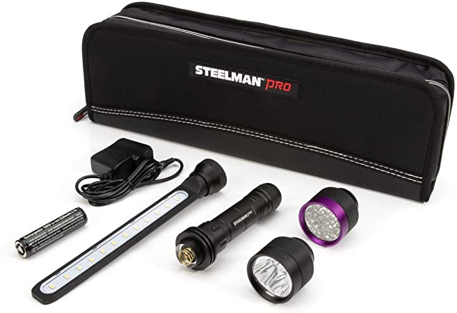 Steelman Pro Rechargeable All-in-One Light Kit, Flashlight Base with 3 Specialized Heads, Slim-Lite for Auto Inspection, UV for AC Leak Detection, and Ultra-Bright for 700 lumen Illumination