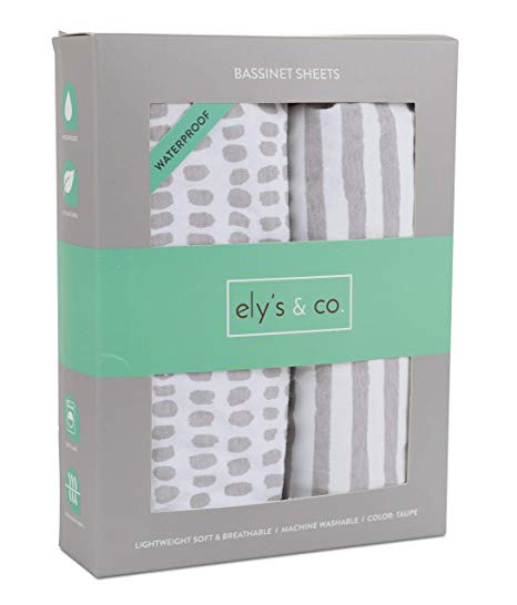 Waterproof Bassinet Sheet,No Need for Bassinet Mattress Pad Cover, 2 Pack Taupe Stripes and Splash,Unisex for Baby Boy and Baby Girl by Ely's & Co