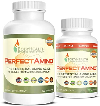 BodyHealth PerfectAmino Tablets (150ct Plus 30ct Travel Bottle), All 8 Essential Amino Acids with BCAAs   Lysine, Phenylalanine, Threonine, Methionine, Tryptophan, Supplement for Recovery & Strength