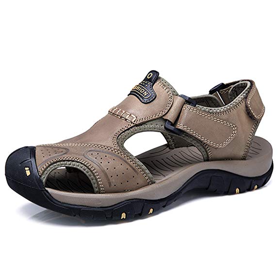 visionreast Mens Sports Outdoor Sandals Summer Breathable Beach Shoes Leather Casual Walking Sandals Outdoor Closed-Toe Shoes Non Slip Hiking Trekking Sandals