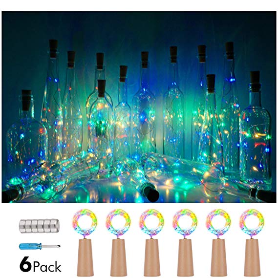 Pack of 6 Wine Bottle Cork Lights, Bottle Lights, 78 inches/2m Copper Wine 20 LED Bulbs for Bottle DIY, Christmas, Halloween, Wedding, Party, Decor (Muilt Color)