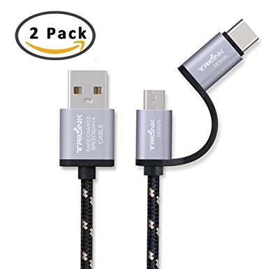 TriLink 2-in-1 USB Type C Micro USB Cable [2 Pack] 3.3Ft Braided Charge Data Sync Cord for Galaxy S8 Plus, LG G5 G6 V20, OnePlus3 3T, Nexus 5X 6P and Other USB C & Micro USB Supported Devices(Grey)