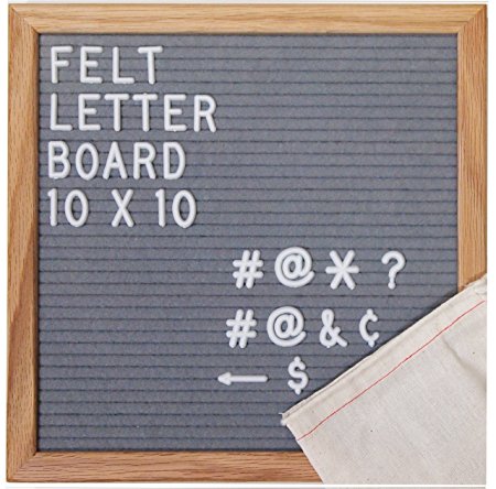 Gray Letter Board - Includes # @ Symbols - Felt Letter Board Gray Felt 10 x 10 inch Oak Frame - Changeable Letter Board w/ 300 White Letters - Letter Board
