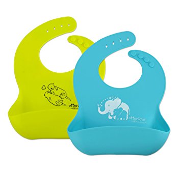 Otterlove Waterproof Silicone Bib -by PlatinumPure. Set of 2 baby bibs 100% Pure Platinum LFGB Silicone. NO fillers. No BPAs, BPS, Phthalates, VOC's. Organic Baby Safe with Food Catcher Pocket