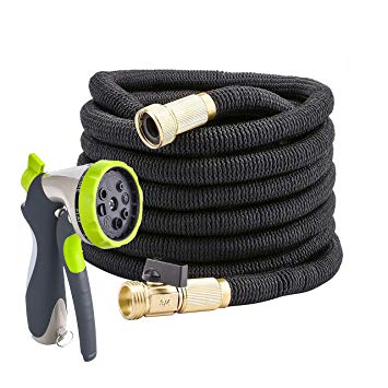 Garden Hose - Water Hose Nozzle - Best 50ft Expandable Garden Hose and Spray Nozzle Set - 8 Spray Patterns - Standard 3/4 Inches Brass Fittings - Ideal for Watering Garden Lawn, Washing Cars and Pets