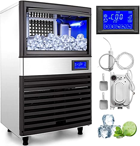 VEVOR 110V Commercial ice Maker 155LBS/24H with 44LBS Bin and Electric Water Drain Pump, Full Clear Cube, Stainless Steel, Auto Operation, Include Water Filter, 2 Scoops and Connection Hose