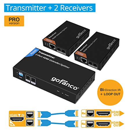 gofanco Prophecy 1080p 1x2 2 port HDMI Extender Splitter over CAT5e/CAT6/CAT7 Ethernet cable with an HDMI Loopout & Bi-directional IR remote control (1 in 2 out) - Up to 50m (165ft)