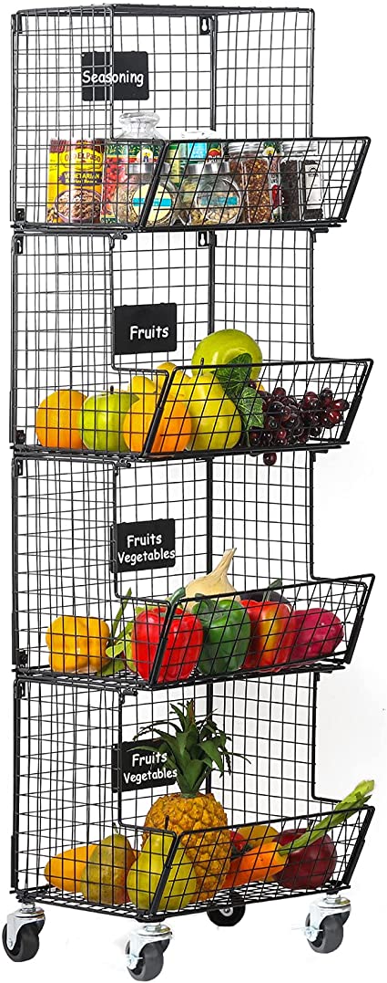 Nandae Metal Wire Basket with Wheels & Removable Chalkboards, 4 Tier Wall Mounted Storage Basket Organizer, Stackable Hanging Fruit Basket Utility Cart for Kitchen, Pantry, Vegetables, Potato & Onion