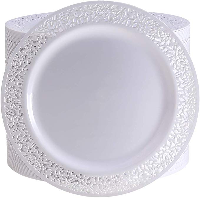 72 Pieces White Plastic Dinner Plates, 10.25 inch Lace Design Disposable Lunch Plates, Safe & Reusable and Ideal for Weddings & Party