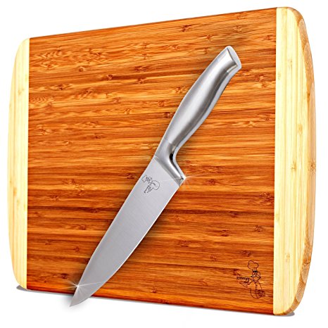 Greener Chef Knife & Bamboo Cutting Board Value Set - 8" Stainless Steel - Extra Large Organic Chopping Board - 17" x 12.5"