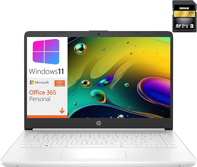 HP 14 14" Laptop Computer, Intel Core Celeron N4120 up to 2.6GHz, 16GB DDR4 RAM, 320GB Storage (64GB eMMC   256GB SD Card), WiFi, Bluetooth 5.0, 1-Year Office 365, Snowflake White, Windows 11 S, BROAG