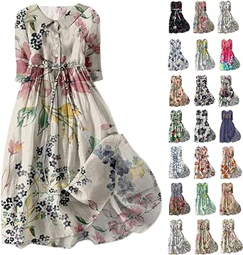 Womens Lapel Neck Dresses Summer Ladies Boho Floral A-Line Lace-Up Flowy Dress Casual Elegant Beach Long Dresses