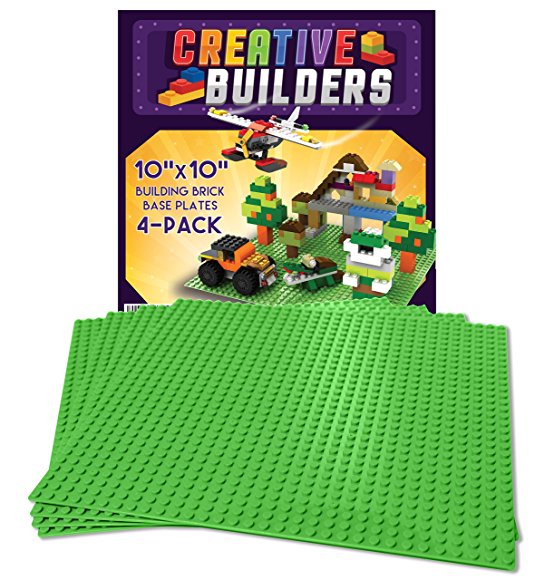 Self Adhesive Lego Compatible Baseplates - Peel and Stick Base plates for Kids Toy Table, 4 pack 10X10" (Green) Creative Builders