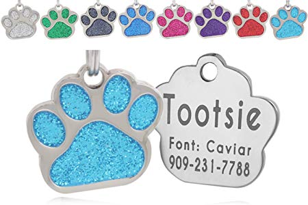 Laser Engraving Glitter Paw Pet ID Tags Custom Personalized Dog & Cat Paw Print Tag (Turquiose)