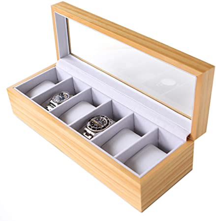 Solid Light Wood Watch Box Organizer with Glass Display Top by Case Elegance