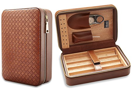 Free Boy Cigar Humidor, Portabel Travel Cigar Case, PU Leather & Wood (Holds Up to 4 Cigars)