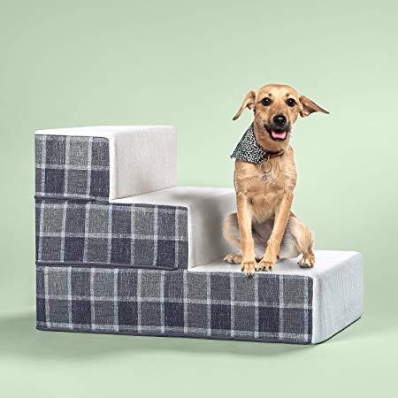 Zinus Cozy Pet Stairs / Pet Ramp / Pet Ladder / Grey Checked, Medium