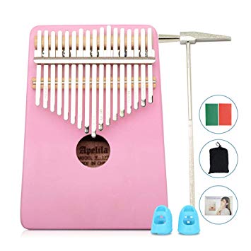 Apelila 17 Key Kalimba Thumb Piano, Solid Mahogany Wood Body Finger Piano with Tune Hammer,Carry Bag,Pickup,Key Stickers (Pink)