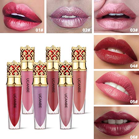 UCANBE 6PCS Lip Gloss Set for Girls Women High Shine Lipgloss Professional Liquid Matte Lipstick Pink Red Moisturizing Long Lasting Waterproof Natural Lip Color Makeup Cosmetics