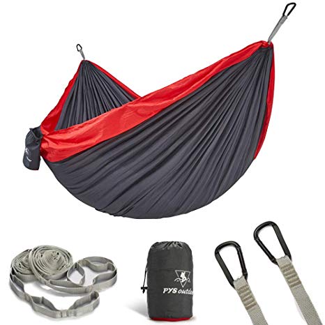 pys Double Portable Camping Hammock with Straps Outdoor -Nylon Parachute Hammock with Tree Straps Set with Max 1200 lbs Breaking Capacity, for Backpacking, Hiking, Travel (Dark Gray Red)