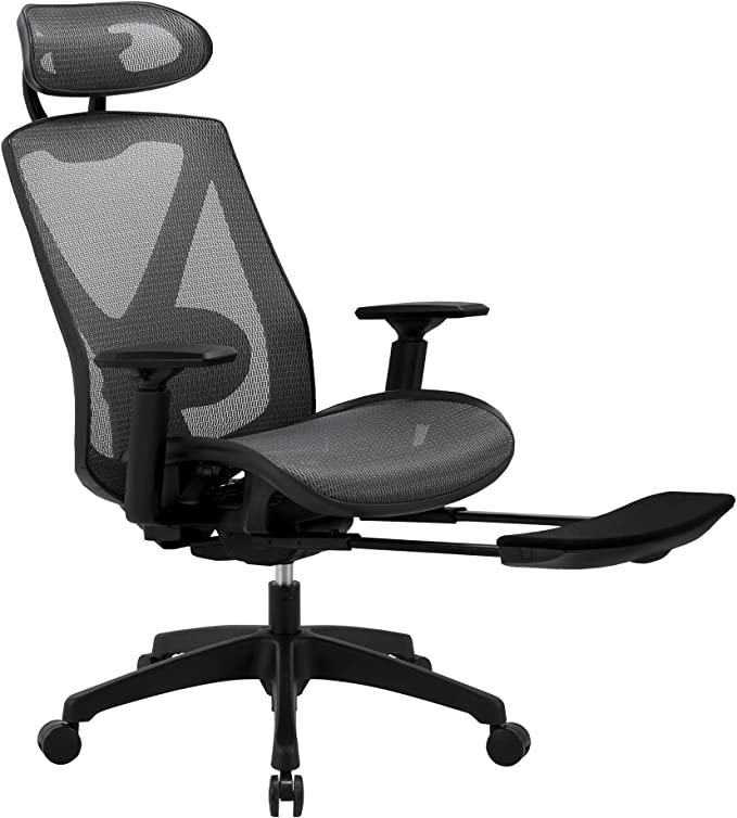 Ergonomic Office Chair with Suspension Mesh Seat & Retractable Footrest, Comfortable Computer Chair with Neck Lumbar Support, Adjustable Headrest, Armrests and Seat Height - Moustache® (Black)