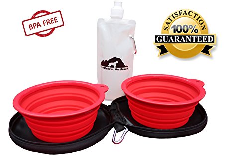 SUPERSIZED Travel Pet Bowl with Carrier - 2 Collapsible 5 CUP Silicone Bowls - BONUS Water Bottle! BEST TRAVEL DOG BOWL - BPA FREE