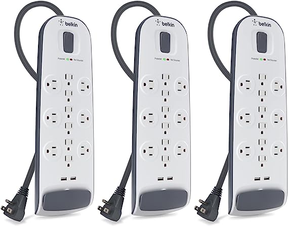 Belkin 12-Outlet USB Power Strip Surge Protector, Flat Plug, 6ft Cord (3,996 Joules), White - Pack of 3