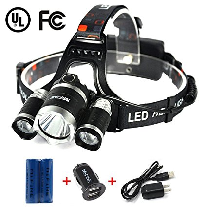 Mifine LED Headlamp - 4 Modes Ultra-Bright Outdoor Headlight with Rechargeable Batteries, Dual-port Car Charger, Wall Charger and Dedicated USB Cable
