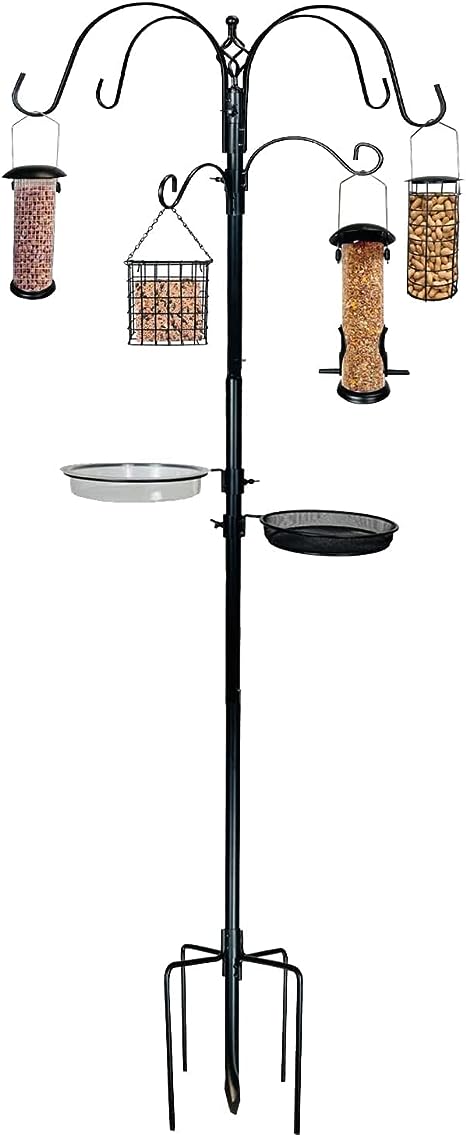 Ashman Premium Bird Feeding Station with Seed Tray, Birdbath Kit, and 4 Feeders, 91 Inches Tall, 4 Sided Top Hooks for Attracting Wild Birds