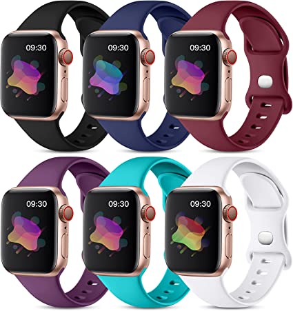 Maledan Compatible with Apple Watch Band 38mm 40mm 41mm 42mm 44mm 45mm Women Men, Soft Silicone Sport Strap Bands for iWatch Series 7 6 5 4 3 2 1 SE, 6 Pack Small Lage