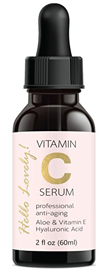 Vitamin C Facial Serum 20% with Aloe, Vitamin E & Hyaluronic Acid - Best Organic Anti-Aging Serum for Face and Eye, Fades Age Spots, Dark Circles, Sun Damage & Acne, by Hello Lovely - 2 oz