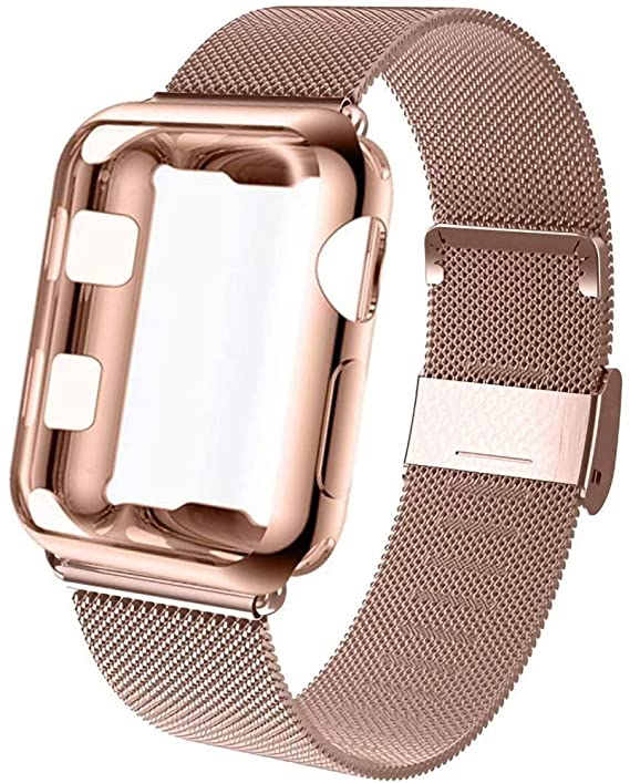 GBPOOT Compatible for Apple Watch Band 38mm 40mm 42mm 44mm with Screen Protector Case, Sports Wristband Strap Replacement Band with Protective Case for Iwatch Series 6/SE/5/4/3/2/1,40mm,Pink Gold