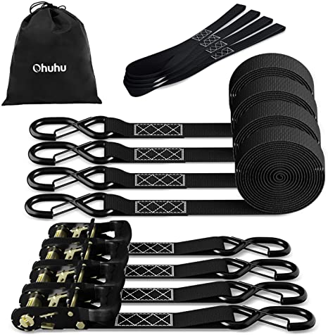 Ratchet Tie Down Straps with Safety Clip 4-Pack 1.5" x 15' & 4 Soft Loops - 1100 lbs Load Cap 3300 lbs Breaking Limit, Ohuhu Ratchet Tie Downs Logistic Cargo Straps for Moving Appliances, Motorcycle