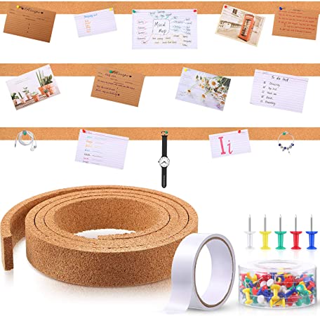 79 Inch Cork Strips Bulletin Bar Strips Frameless Cork Board Memo Strip with 1 Roll Double-Side Tape and 100 Multi-Color Map Thumb Tacks Pushpins in 1 Box for Office, School and Home (Brown)