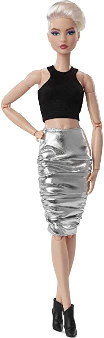 Barbie Signature Looks Doll (Tall, Blonde Pixie Cut) Fully Posable Fashion Doll Wearing Black Crop Top & Metallic Skirt, Gift for Collectors