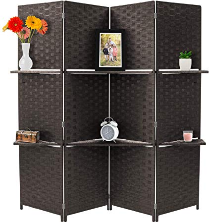 Sorbus Room Divider Privacy Screen, Foldable Panel Partition Wall Divider, Room Dividers and Folding Privacy Screens, Diamond Double-Weaved (Espresso Brown (with Shelves))