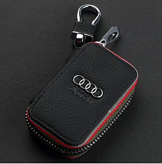 Amooca Black Audi Premium Leather Car Key Chain Coin Holder Zipper Case Remote Wallet Bag