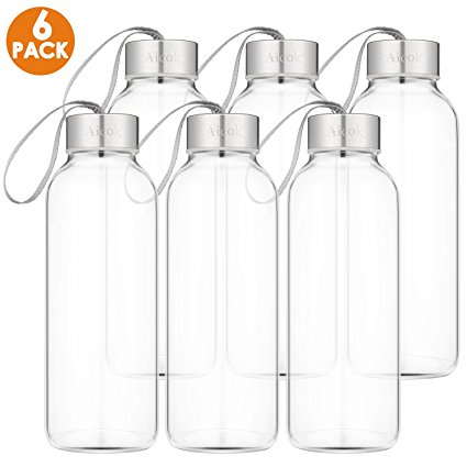 Glass Bottle, Aicok Glass Water Bottle, Juice Bottle, Glass Bottle Set for Water, Juice, Beverage, Smoothie, 18 OZ, 6 Pack Stainless Steel Caps with Carrying Loop